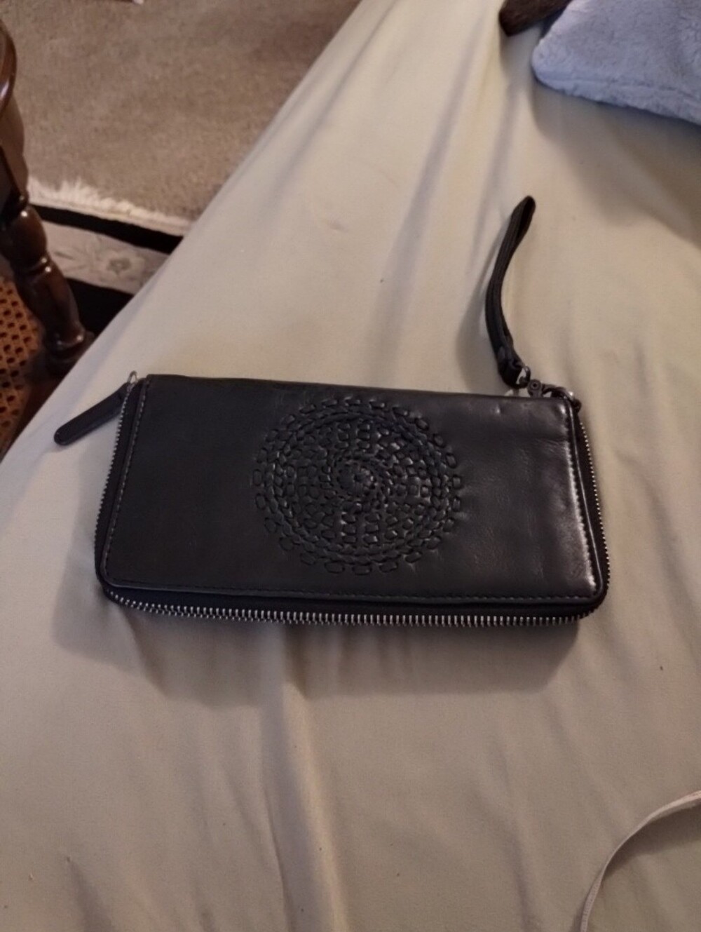 Vilenca Black Leather Embossed Wristlet Wallet with Decorative Stitching